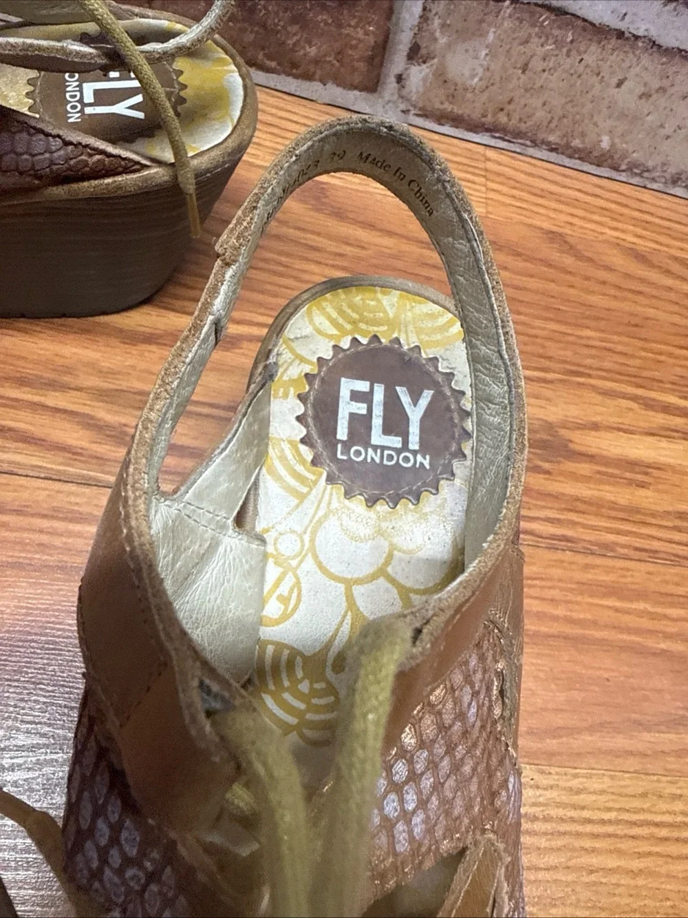 Fly London Yexa Tan Metallic Lace Up Wedge Sandals Size 39 (US 8)
